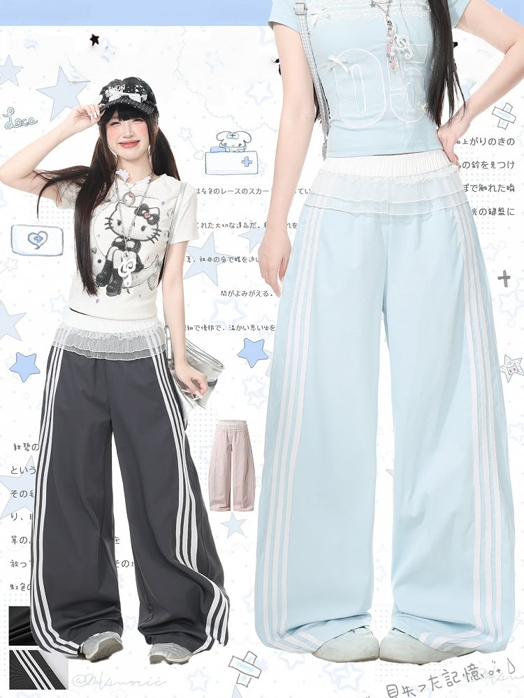Blue Striped Wide Leg Trousers with Layered Tulle Skirt - Languid Park