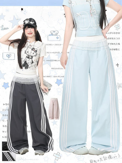 Black Striped Wide Leg Trousers with Layered Tulle Skirt - Languid Park