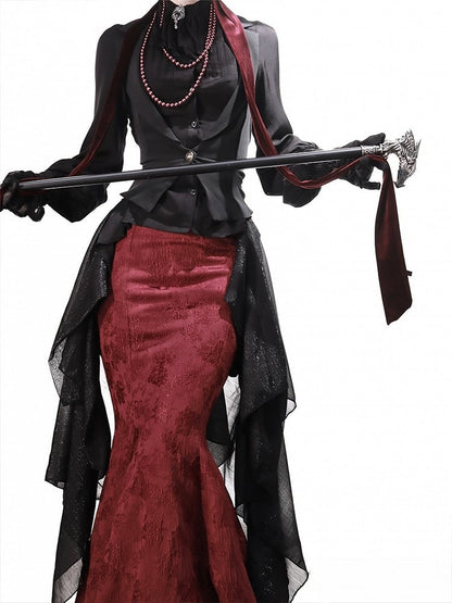 Black Ouji Lolita Blazer-Style Tailed Waistcoat - Ling Xi