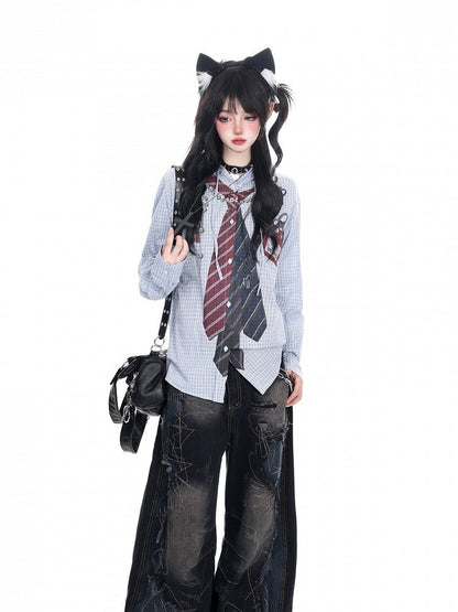 Blue Print Shirt and Sleeve Drawstring Vintage Hood Tie with Plaid Long