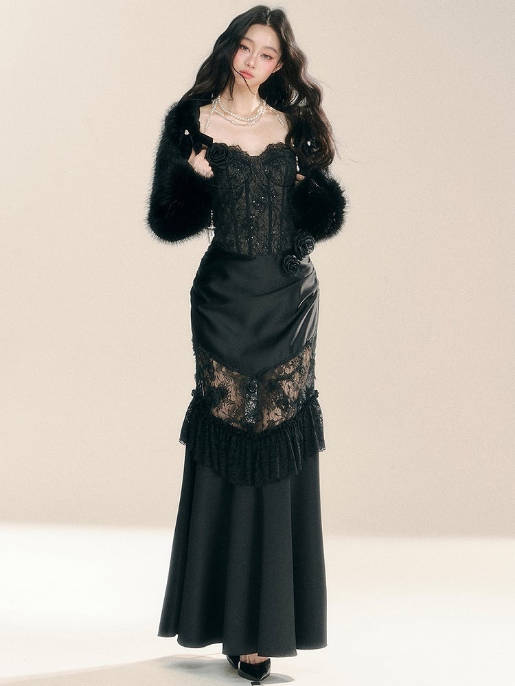 ブラックフローラルレースコルセットボディスパッチワークドレスイブニングガウン