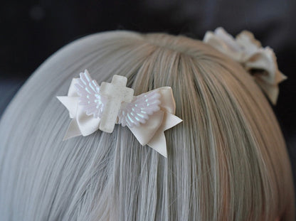 White Gothic Cross Wing Bow Hairclips