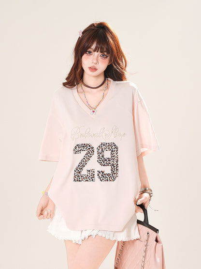 Pink Beaded Letter Leopard Pattern Number V-Neck T-Shirt