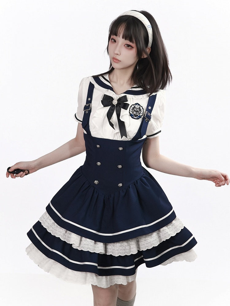 White Sailor Collar Puff Sleeve Blouse with Bow - PINK SAVIOR
