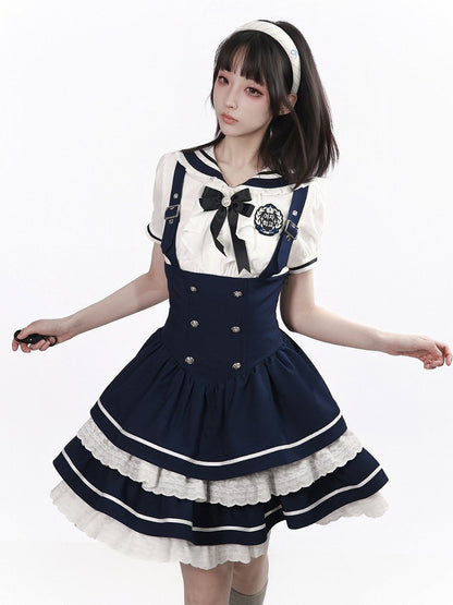White Sailor Collar Puff Sleeve Blouse with Bow - PINK SAVIOR