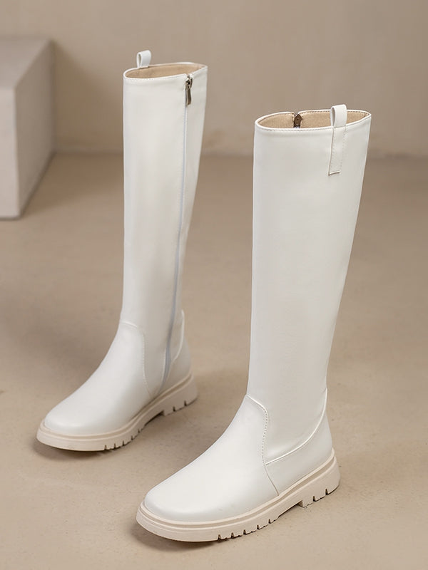 Closure White Knee-high Zip Boots Regular/Thicken PU Version Leather Inner with -
