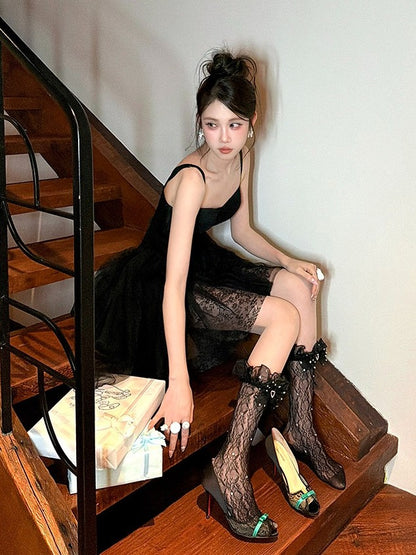 Sheer Lace Patterned Calf Socks with Rhinestone in White or Black - cnorahk