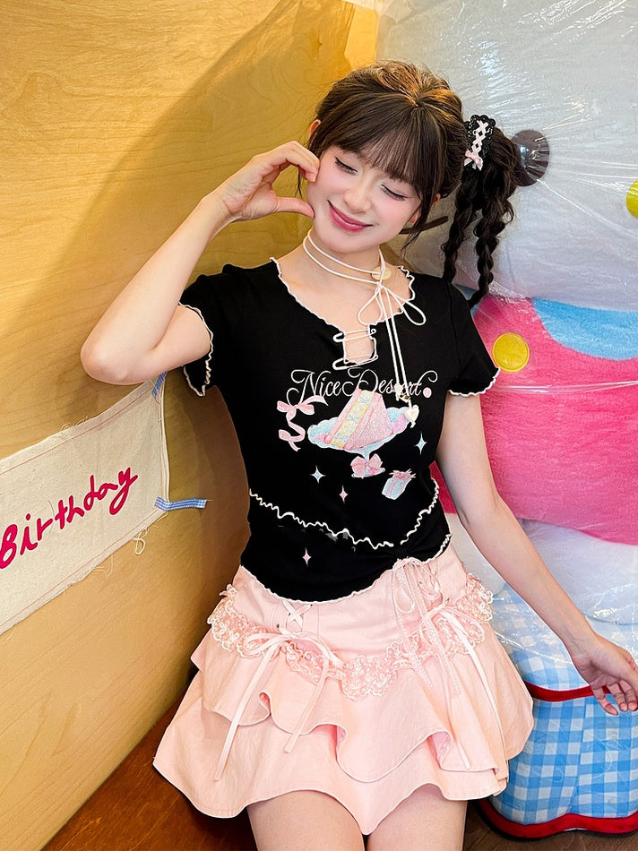 Neckline Black Cake Print Lettuce Hem Hem Pin Bow Big Details Sweet T-Shirt