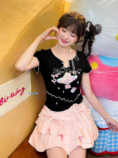 Neckline Black Cake Print Lettuce Hem Hem Pin Bow Big Details Sweet T-Shirt