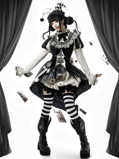 Sweet Accessories Top Skirt Clown Vibes White Sleeves Hi-lo and + Set- Black Puff Circus Full Lolita
