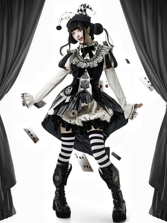 Süße Accessoires Top Rock Clown Vibes Weiße Ärmel Hi-lo und + Set- Schwarz Puff Circus Full Lolita