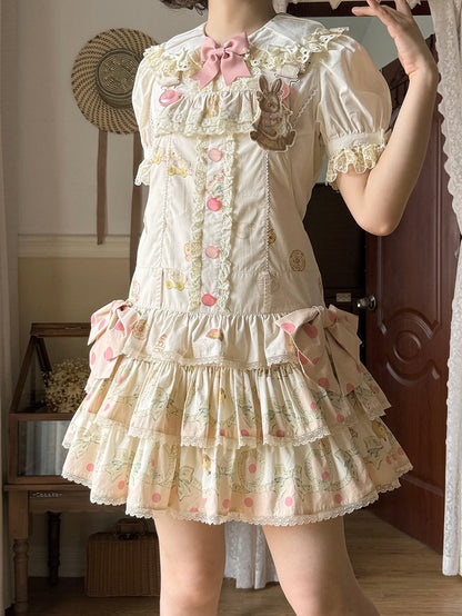 Print Dress Sweet with Waist Tiered Dropped Toys Hood Ears Skirt Bear Lolita Overall