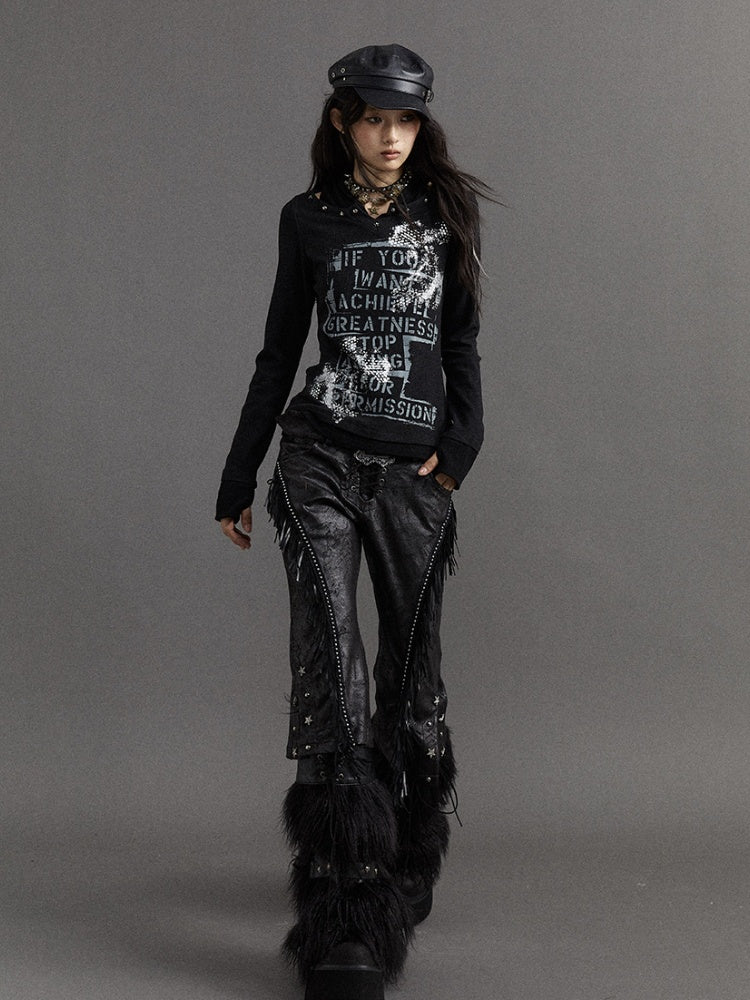 Black Layered-Look V-Neck Top with Letter Print