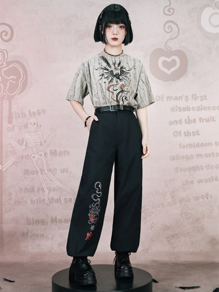 Black Totem Print Straight-Leg Pants with Drawstring Cuffs - Quirky Hut
