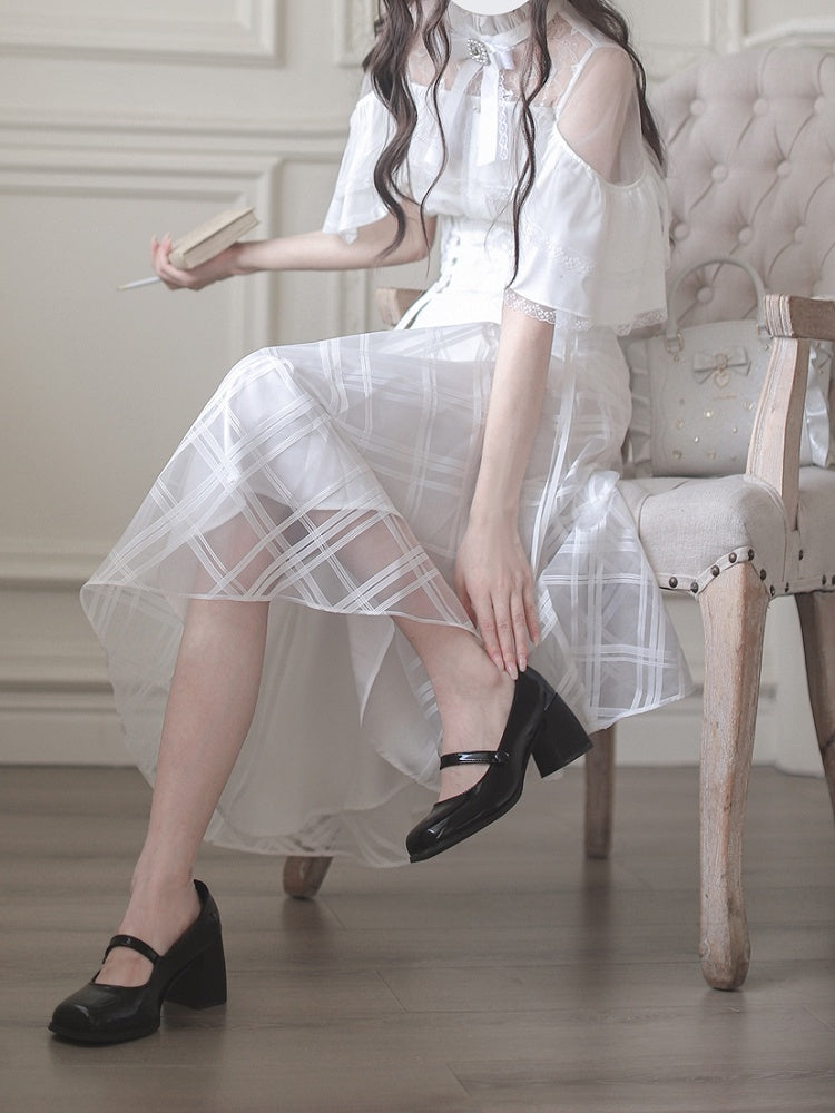 Lace-up High Waist Skirt with Plaid Clean Overlay Aesthetic White Innocent