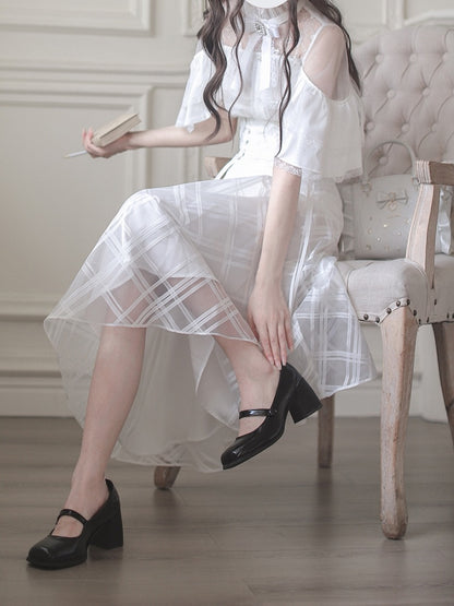 Lace-up High Waist Skirt with Plaid Clean Overlay Aesthetic White Innocent