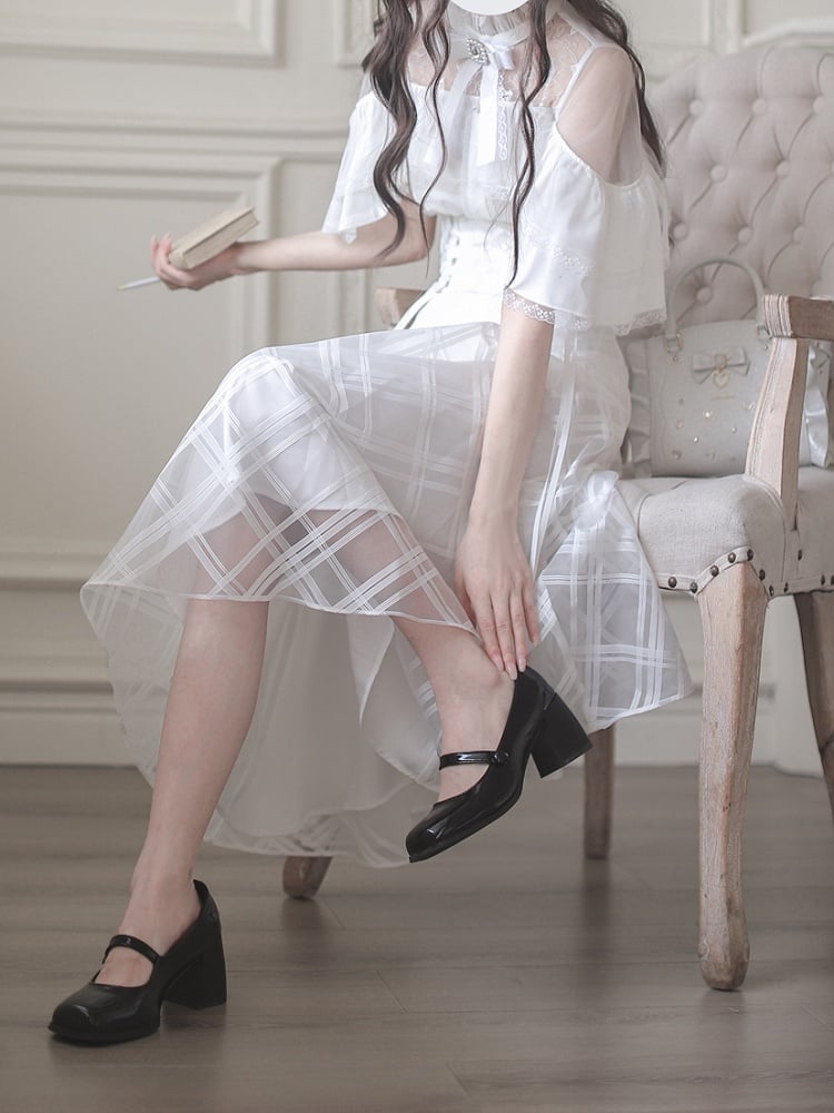 Innocent White Clean Cape Design Top Aesthetic Illusion Neckline and Trim Lace with