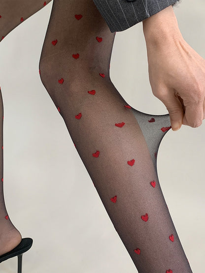 Red Black Sheer Pattern Pantyhose Heart