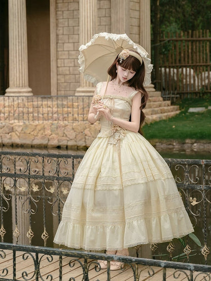 Yellow Sleeveless Lace Top with Floral Belt and Skirt - Penny House