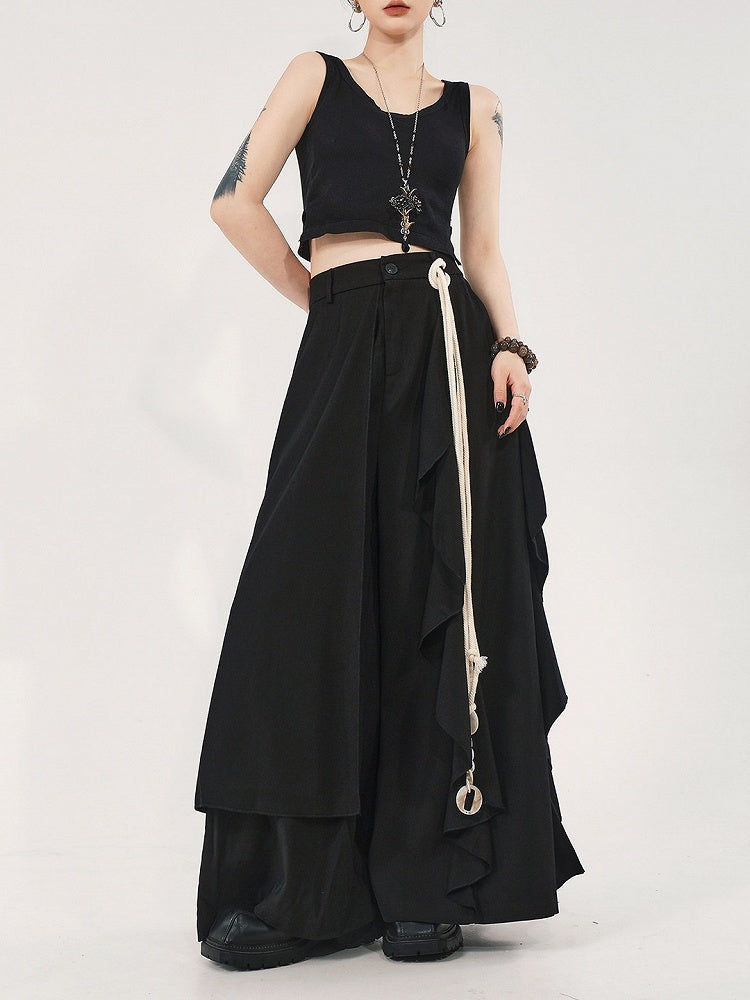 with Asymmetrical Skort Waistband Partial Design Black Elastic High-waisted