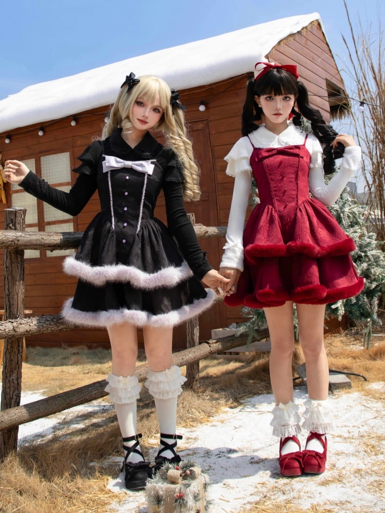 Red Basque Waist Plush Trim Hemline Christmas Lolita Dress Adjustable Thin Shoulder Straps