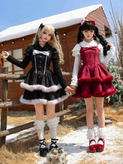 Red Basque Waist Plush Trim Hemline Christmas Lolita Dress Adjustable Thin Shoulder Straps