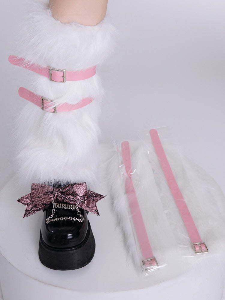 Buckles Warmers 40CM Pink/White Y2K with Pink Plush Leg Leather