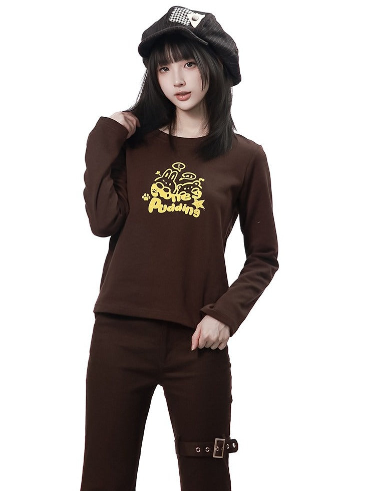 Bunny & Bear Cartoon Print Coffee Long Sleeve Crew Neck Top - PINK SAVIOR