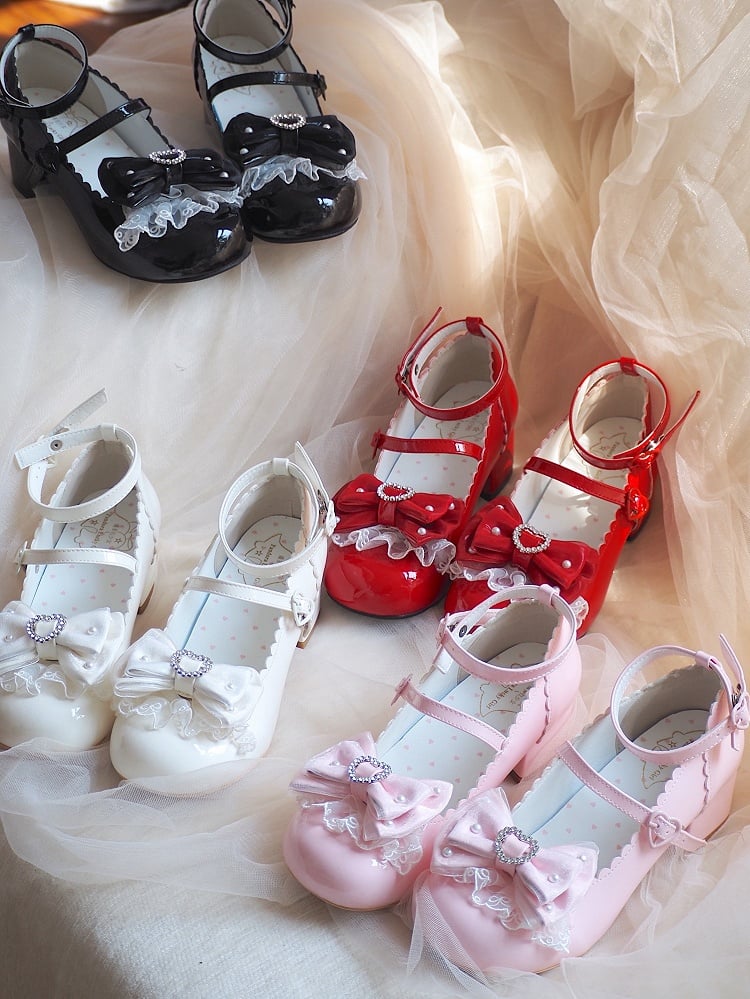 Scalloped Decor Off-white Closure with Mid-heel Shoes Trim，Beads Elegant Snap Bow Heart Lolita