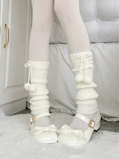 Warmers Bows with Sweet Leg Pom-Pom Ribbed Slouch White Style) (Cozy