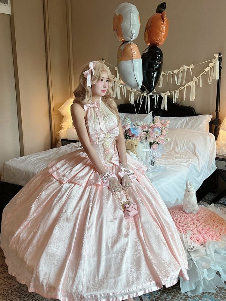 Accents Pink Floral Tie Gown Halter Satin Neck Ball and with