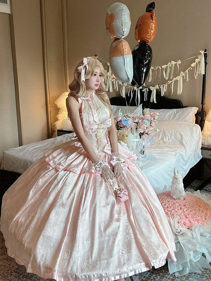 Accents Pink Floral Tie Gown Halter Satin Neck Ball and with