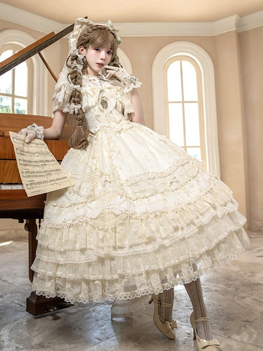 Beige OP Dress with Floral Embroidery, Pearls, and Short Train - Mademoiselle Pearl
