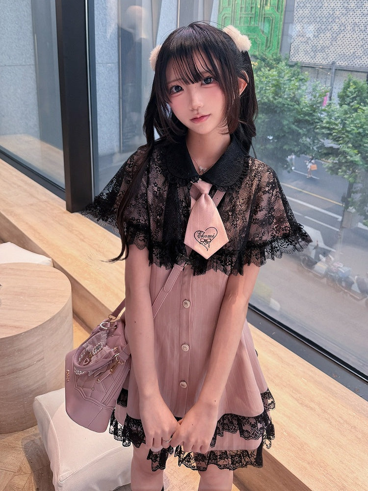 Stripe Dress Set with Lace Cape and Tie - Ekomi