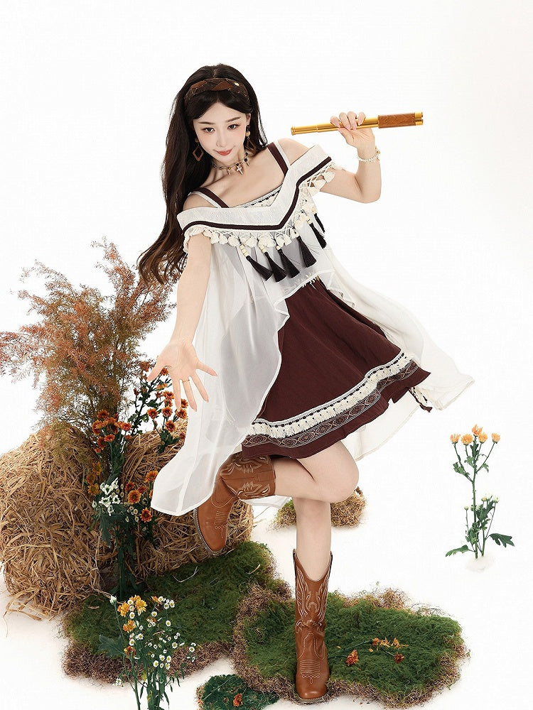 Brown & White Cape + Dress Set with Fringe and Waist Belt - Wasteland Style - Unknown Star