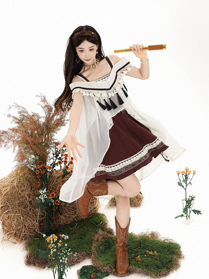 Brown & White Cape + Dress Set with Fringe and Waist Belt - Wasteland Style - Unknown Star