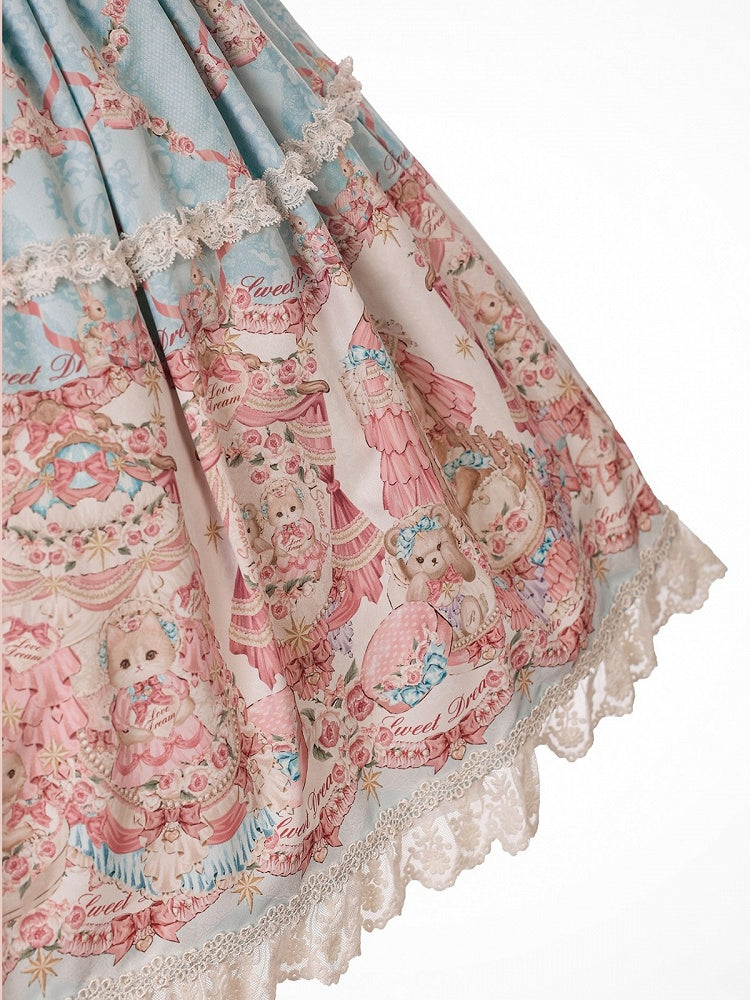 Blue and Pink Sweetheart Doll-Themed Lolita JSK with Toy Bed Print, Bow and Lace Accents - Alice Girl