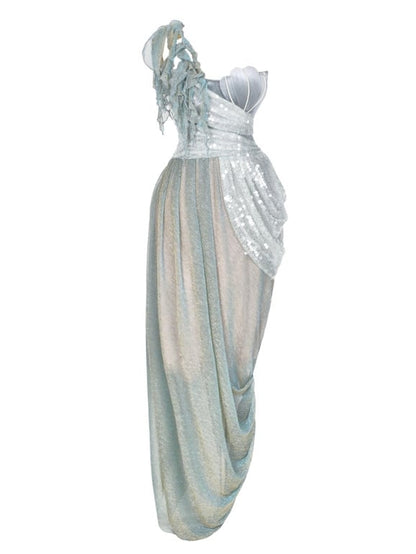 Shimmer Siren Asymmetrischer Ausschnitt Goth Cascading Rüschen Kleid Fee