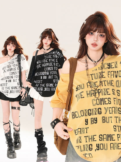 アシンメトリーネックライン レタープリント ルーズTシャツ イエロー/ホワイト/ブラック