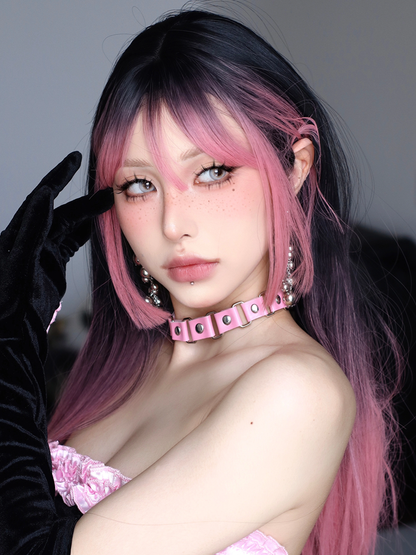 Straight Pink Wig Bangs Black Ombre Air with and 68CM