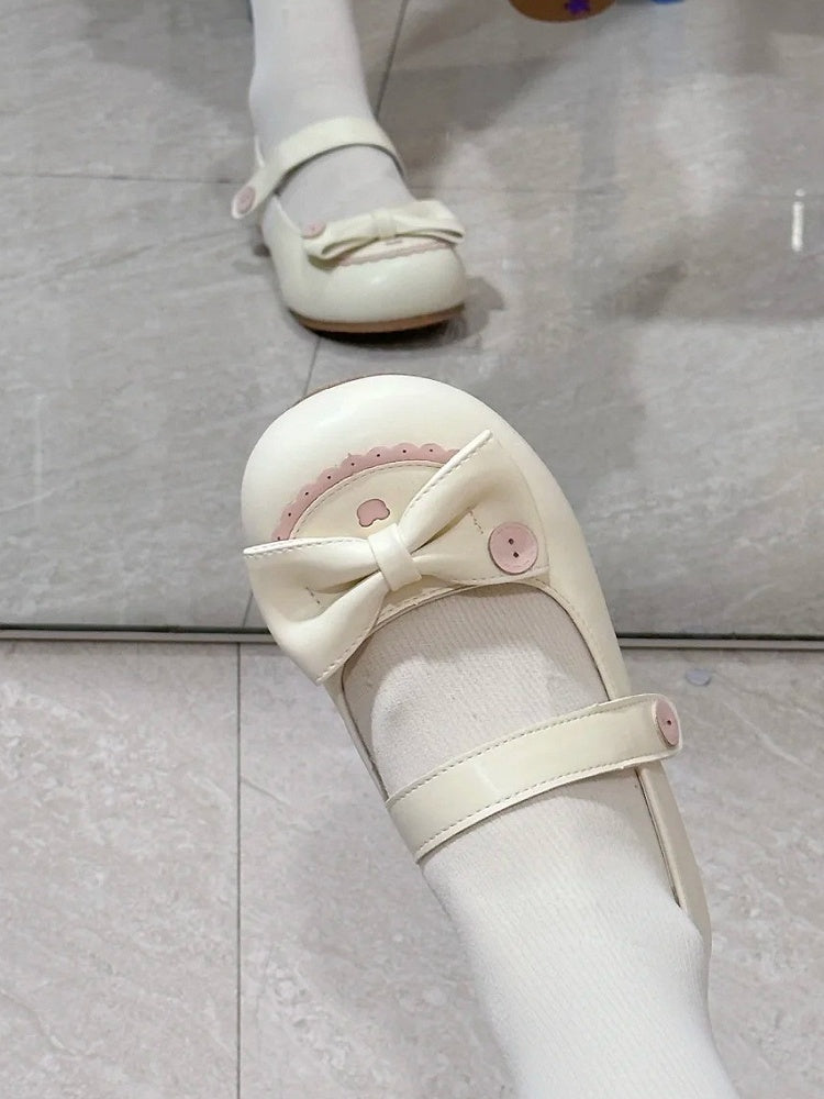 Top Beige Closures Sweet Bow Design Details Strap Pink Flats Toe Velcro Round Button with PU