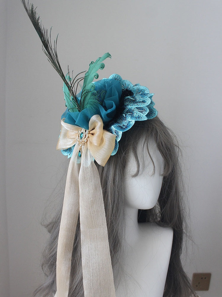 Mini Rhinestone Blue Decorated Bowknot Version Peacock Hat Design Feather Gorgeous