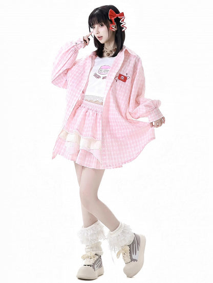 Tiered Skirt Hamburger Theme Pink/Brown Plaid Elastic Waist