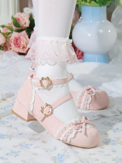 Lolita Janes Ornate Pink Low-heel Top Mary Heart Sweet Buckle with Knot Bow