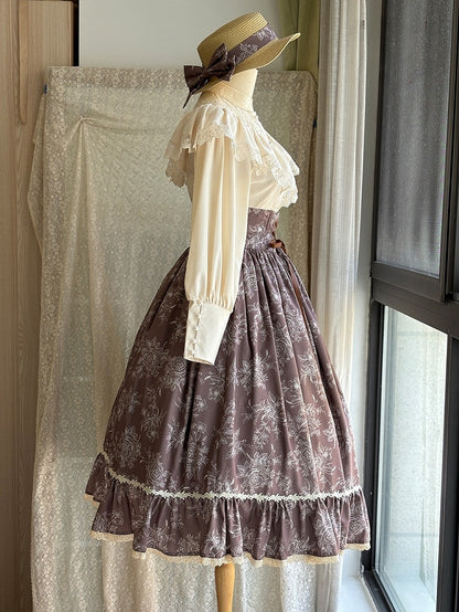 Brown & White Rosette Print Boned High Waist Elegant Classic Lolita Skirt with Lace Trim
