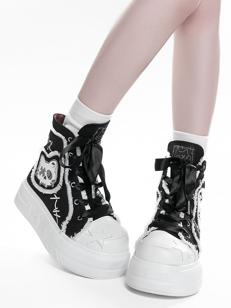 Black Platform Top High Otaku Patches Sneakers Cat - Canvas