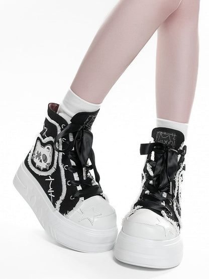 Black Platform Top High Otaku Patches Sneakers Cat - Canvas
