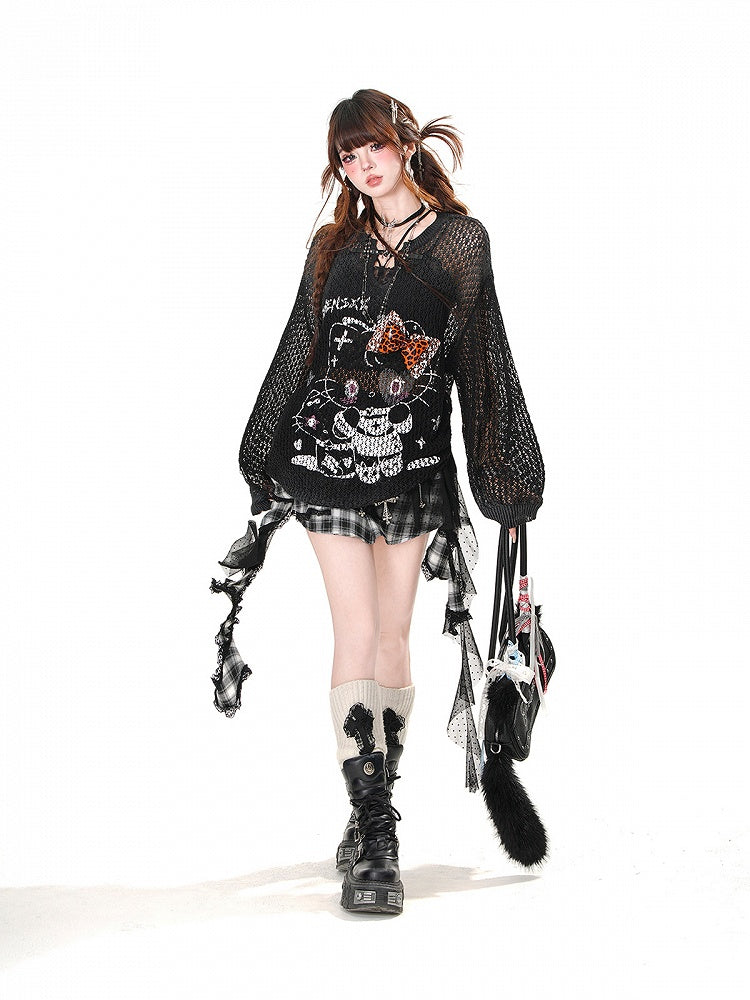 Top Kitty Print Pink/Apricot/Schwarz Distressed Löcher Sommer Sonnenschutz Aushöhlen