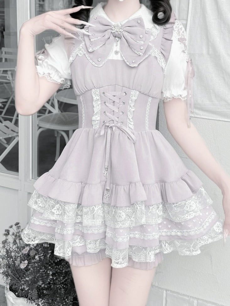 Pink and White Ryousangata Two-Piece Set with Lace and Ruffle - GingaU