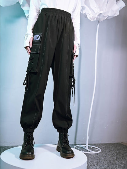 Black with Cargo Gothic Cheongsam Pants Cross-Tie Embroidery Butterfly Pockets